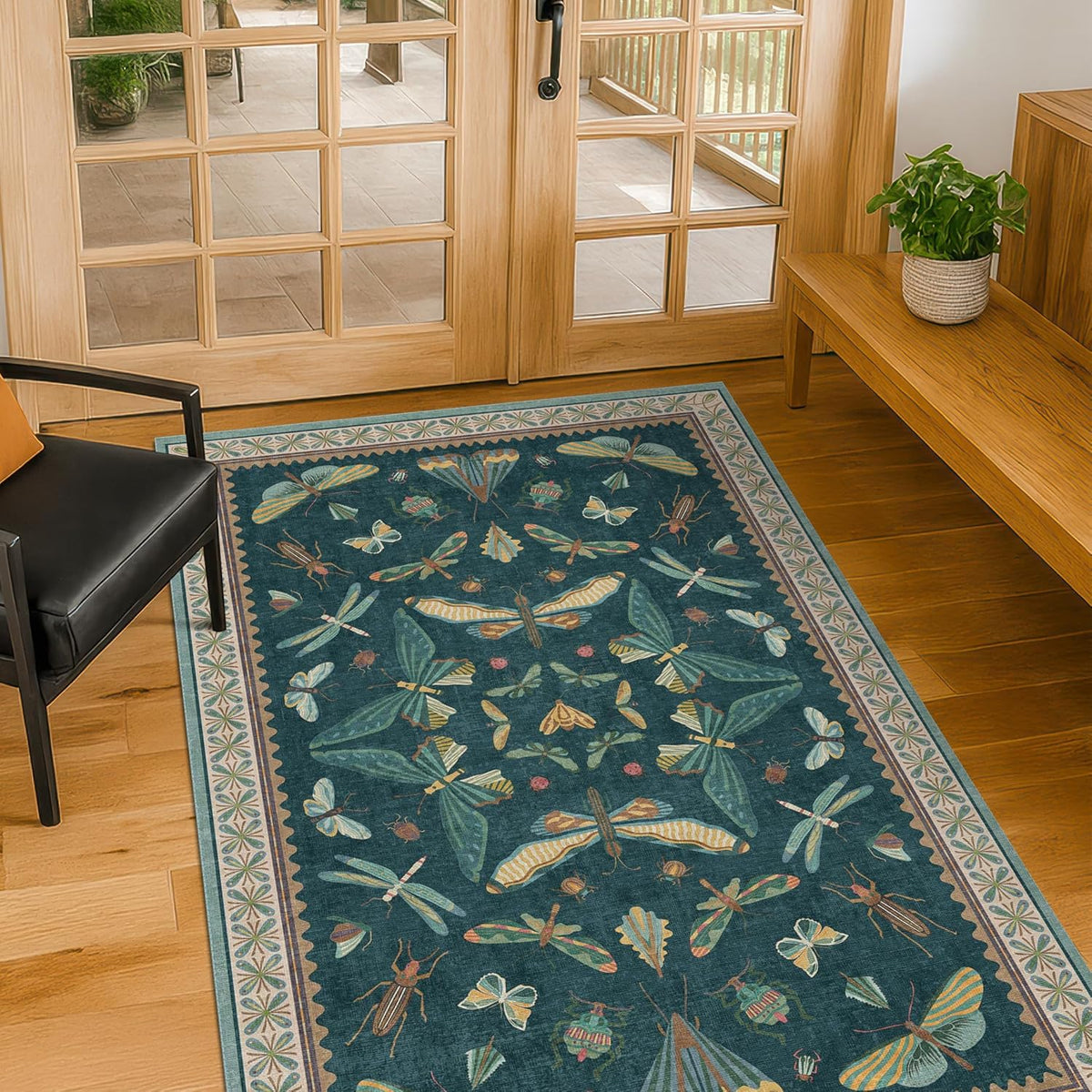 Teal 3x5 Entryway Rug - Door Rug Indoor for Large Kitchen, Living Room, Washable Low Pile Insect