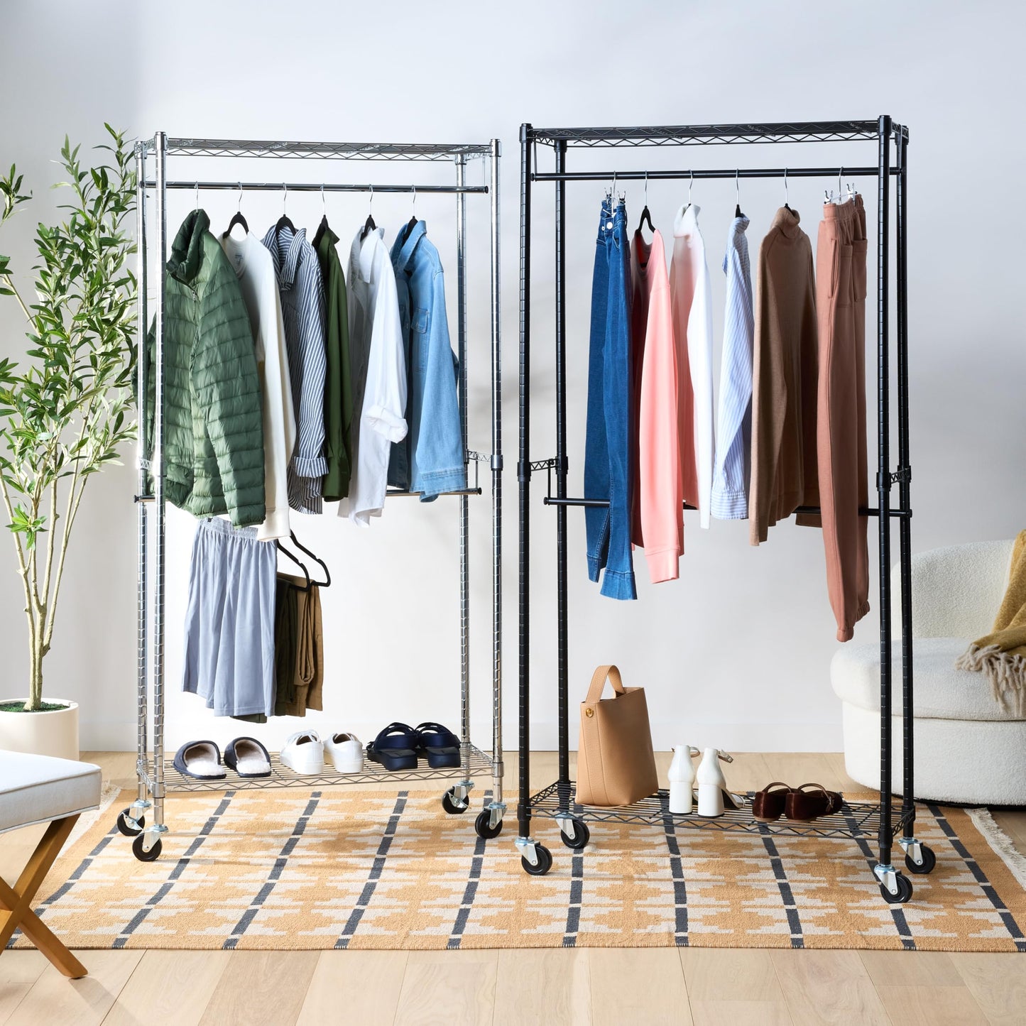 Amazon Basics Adjustable Double Rod Rolling Garment Rack, Hanging Clothes Closet Organizer with