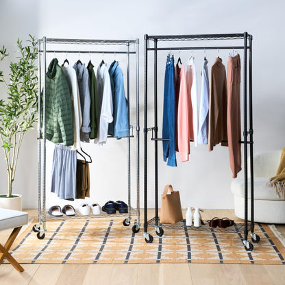Amazon Basics Adjustable Double Rod Rolling Garment Rack, Hanging Clothes Closet Organizer with