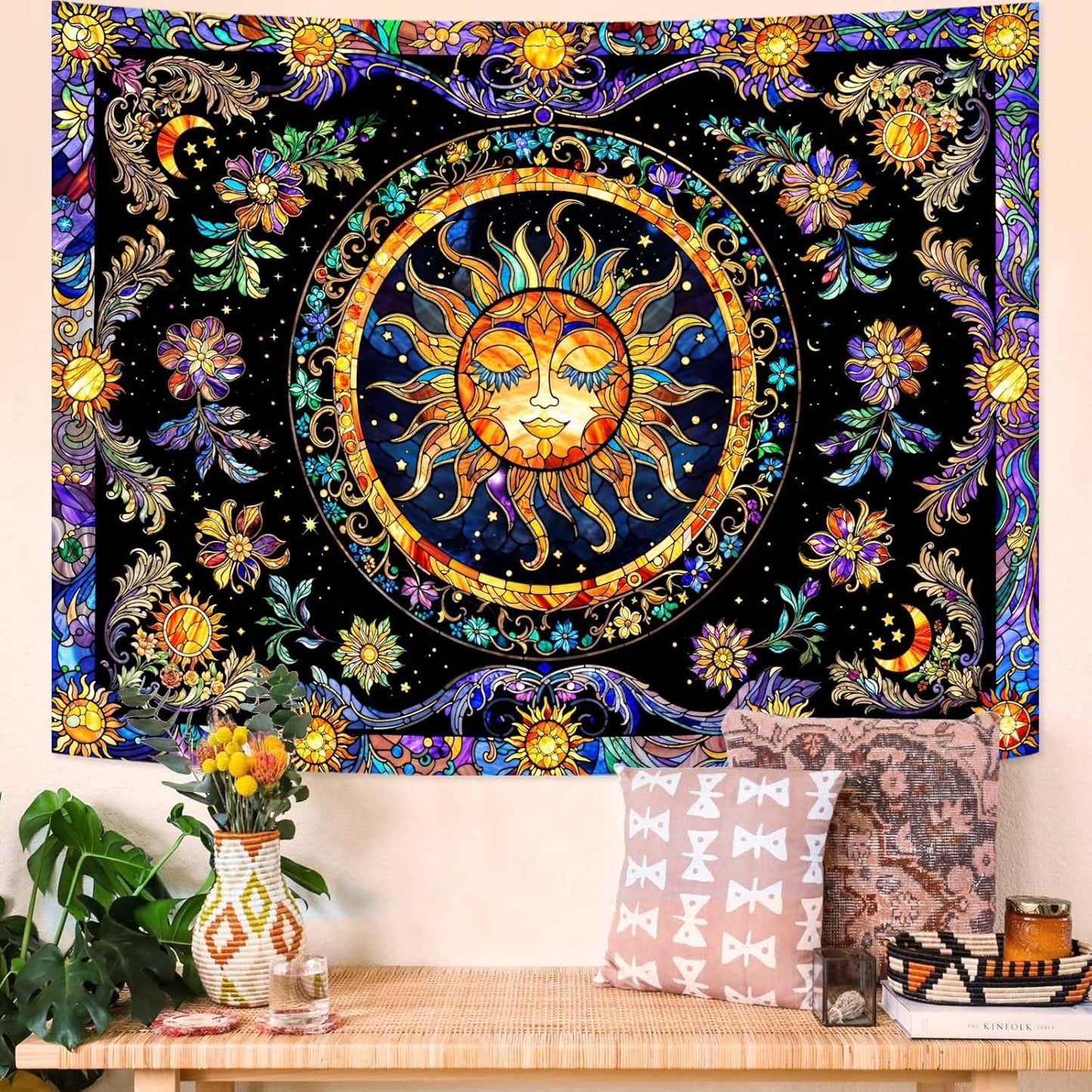 Lunerfex Sun Tapestry Stained Glass Tapestry Wall Decor Tapestries for Bedroom Boho Tapestries Wall