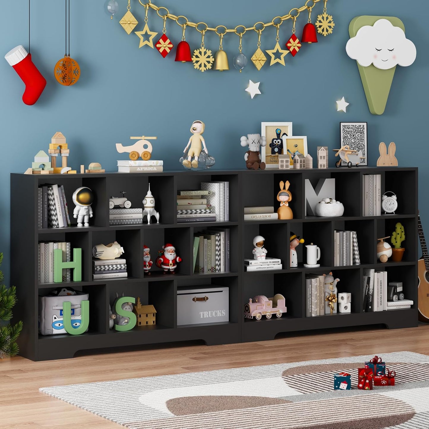 Book Shelf Set of 2, 10 Cubes Storage Organizer, 3-Tier Open Bookshelf Wooden Bookcase
