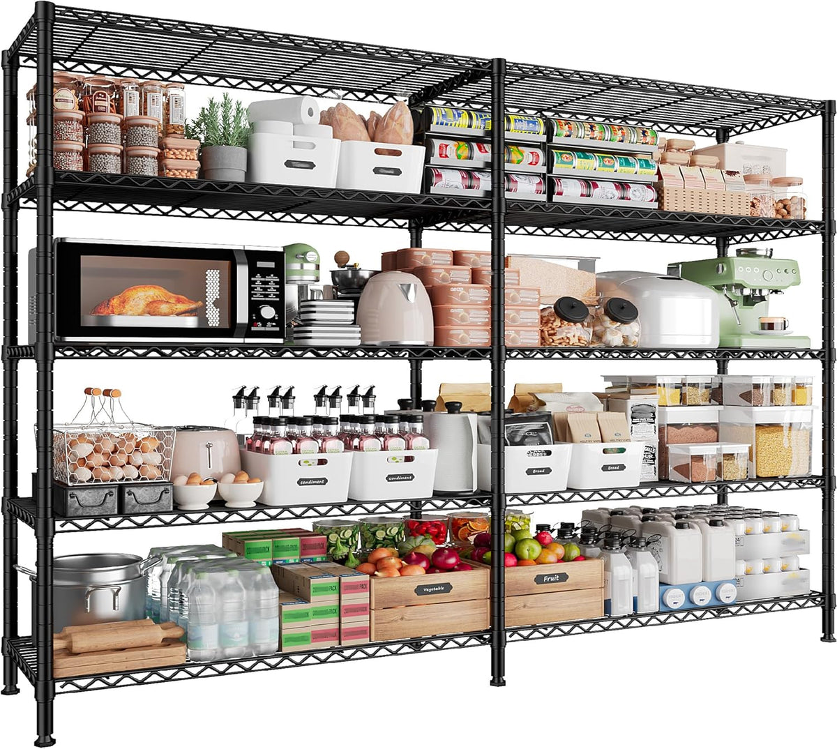 REIBII 1500LBS Storage Shelves Metal Shelving Unit 61.7''W Wire Shelving, 5 Tier Pantry Shelves