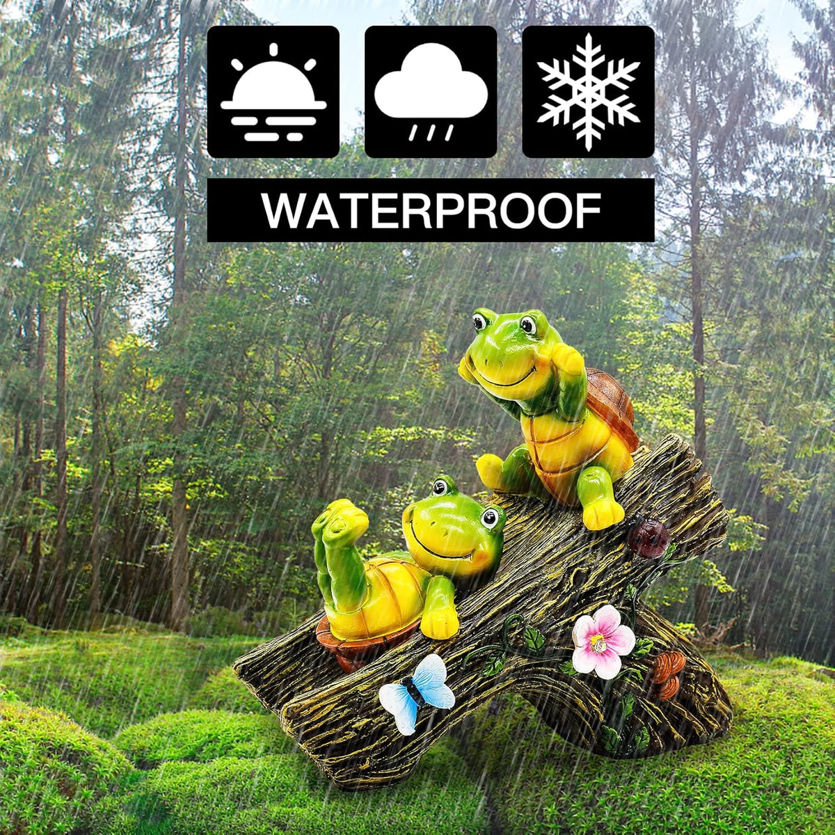 Garden Turtle Figurines Outdoor Decorations, Solar Statue Sweet Frog Face Turtles Decor with 4 LED
