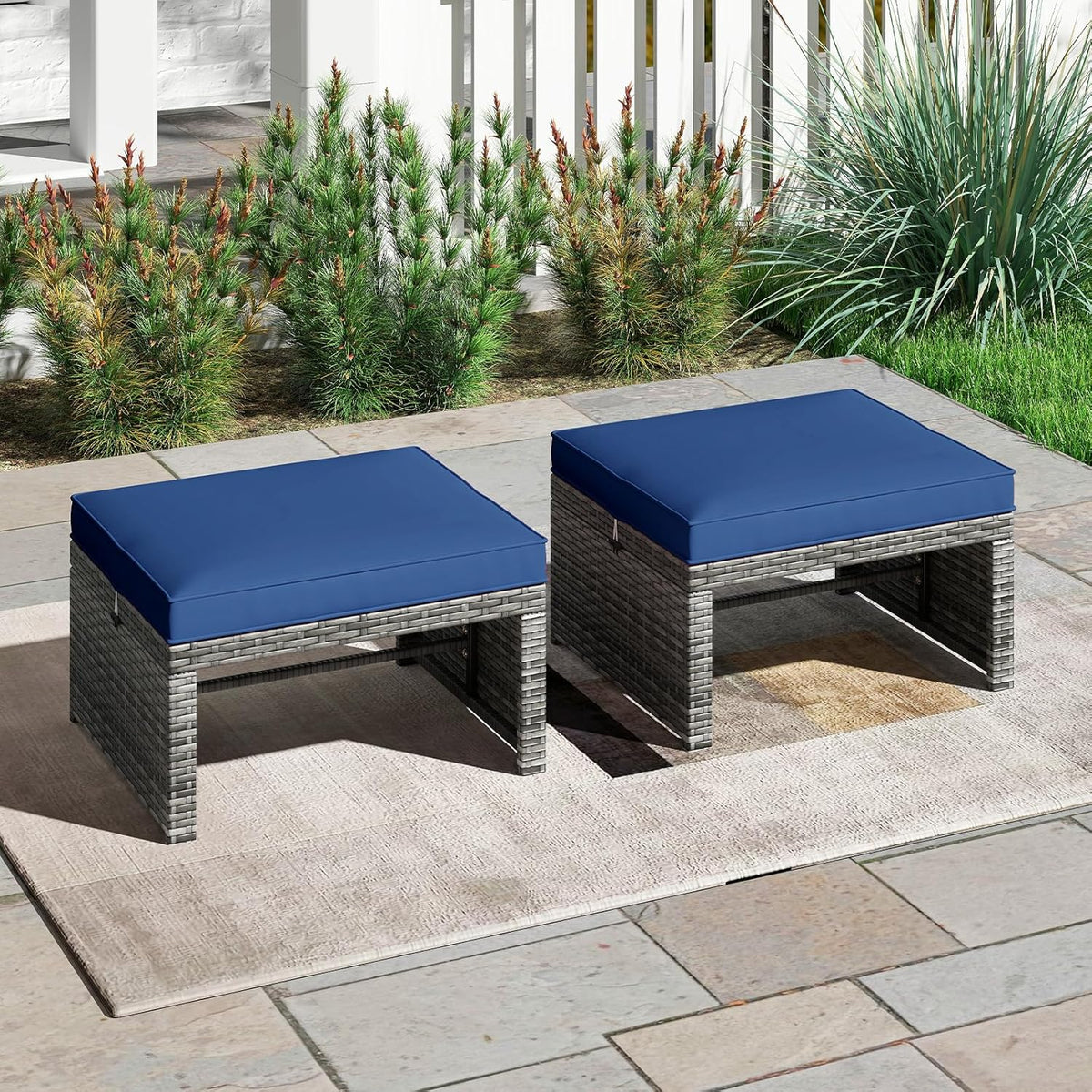 Tangkula 2 Pieces Patio PE Rattan Ottomans, Multipurpose Outdoor Footstool Footrest Additional