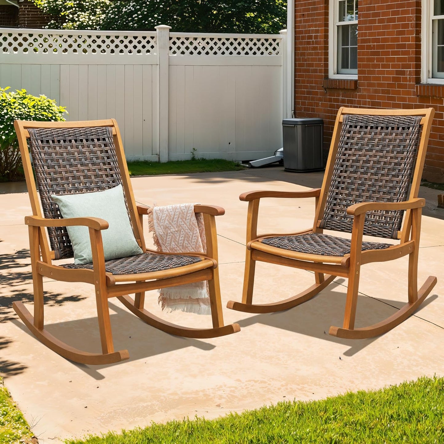 Idzo Wood Wicker Rocking Chair, 400 lbs Capacity, Durable Eucalyptus Wood, Natural Finish
