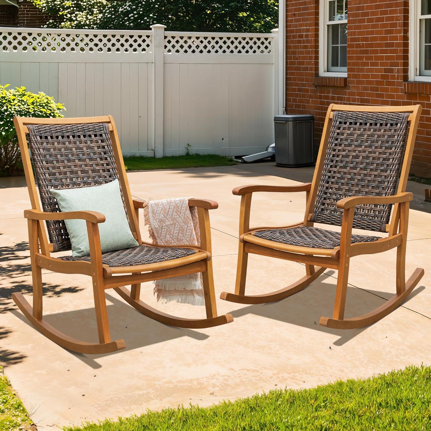 Idzo Wood Wicker Rocking Chair, 400 lbs Capacity, Durable Eucalyptus Wood, Natural Finish