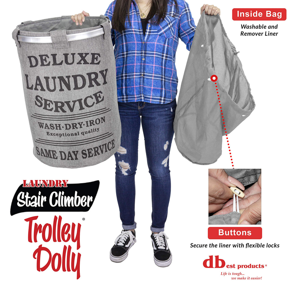 dbest products Stair Climber Laundry Trolley Dolly, Grey Laundry Bag Hamper Basket cart with wheels