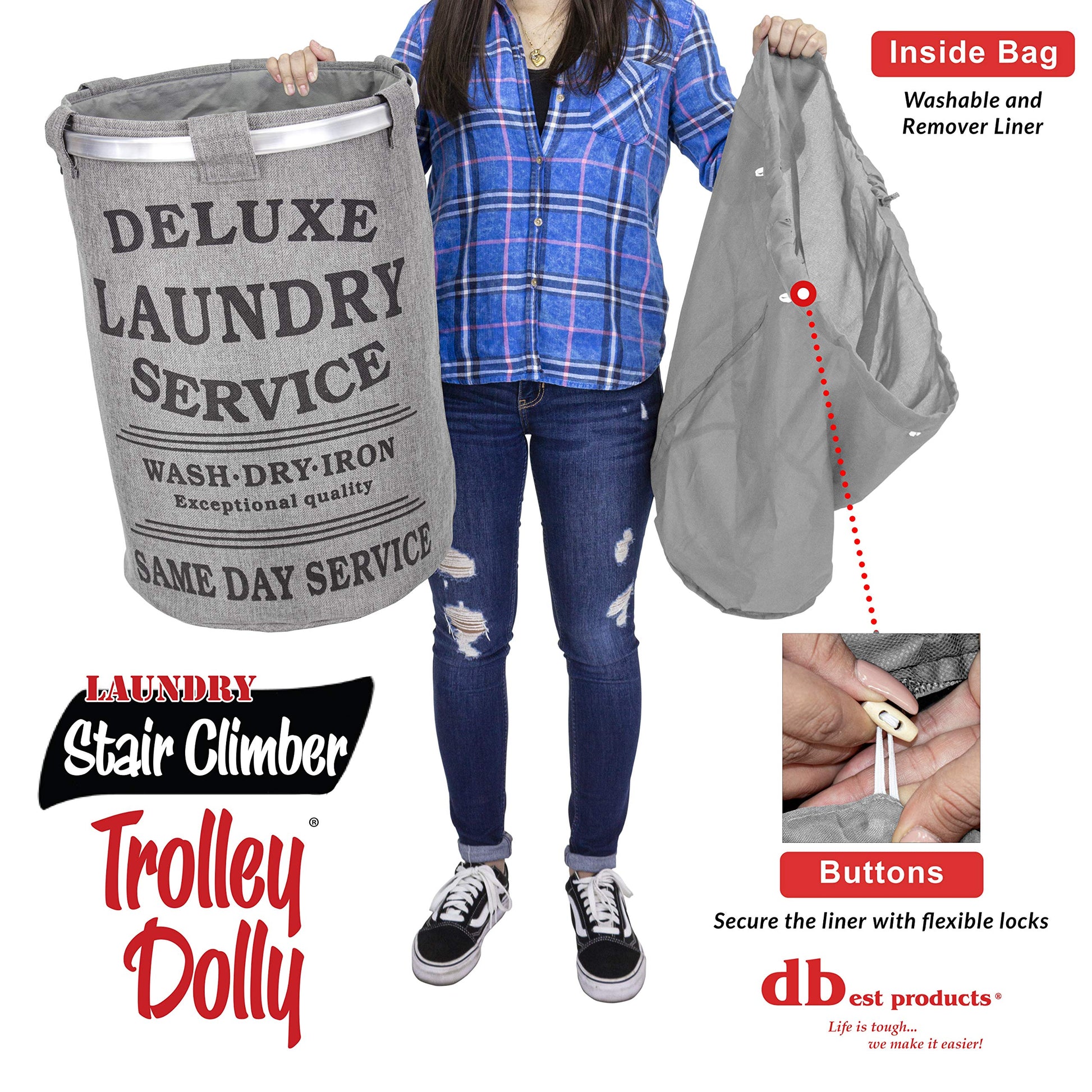 dbest products Stair Climber Laundry Trolley Dolly, Grey Laundry Bag Hamper Basket cart with wheels