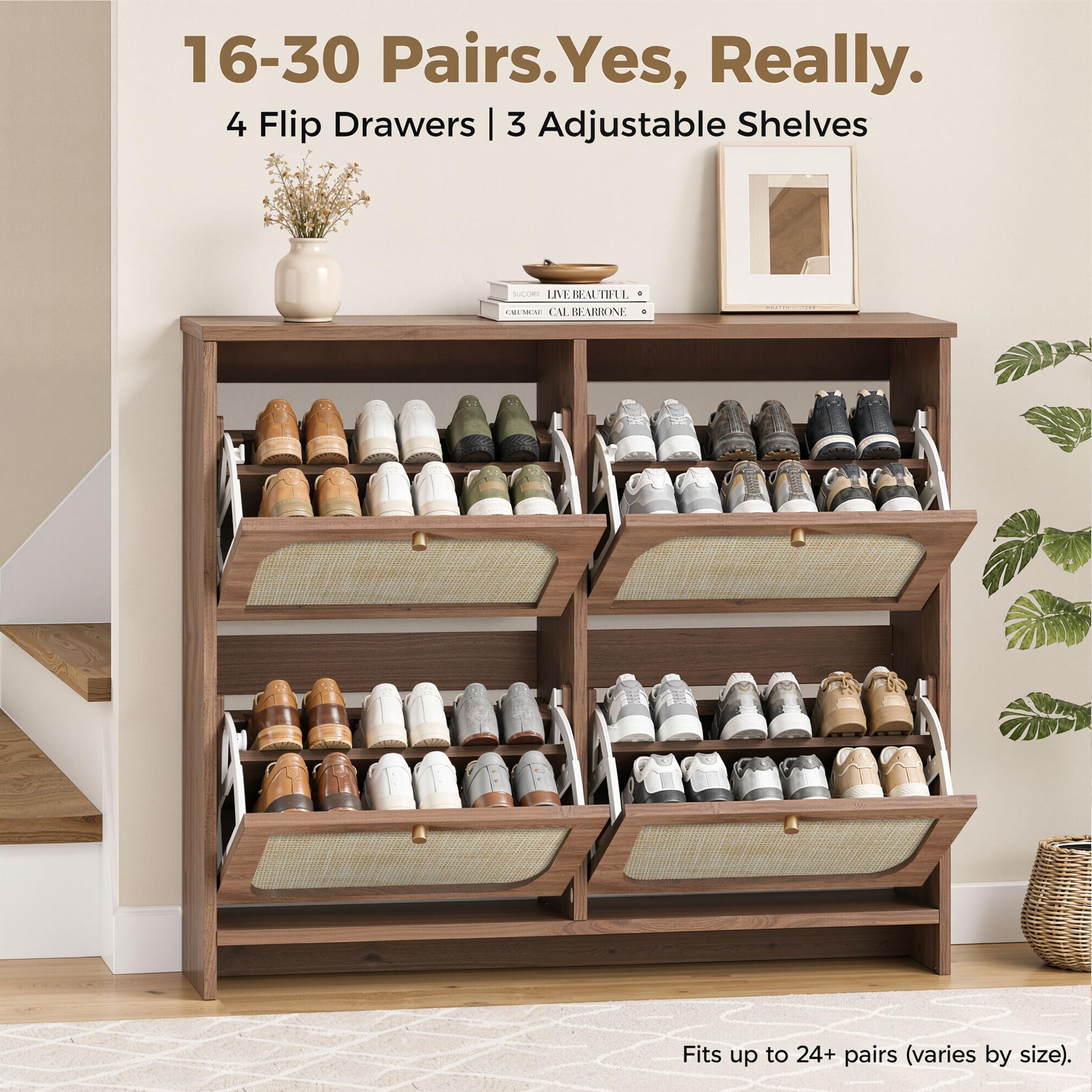 Rattan Shoe Cabinet for Entryway with 4 Flip Drawers, 9.5" Narrow Shoe Rack, Boho Slim Shoe Storage
