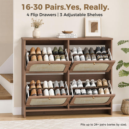 Rattan Shoe Cabinet for Entryway with 4 Flip Drawers, 9.5" Narrow Shoe Rack, Boho Slim Shoe Storage