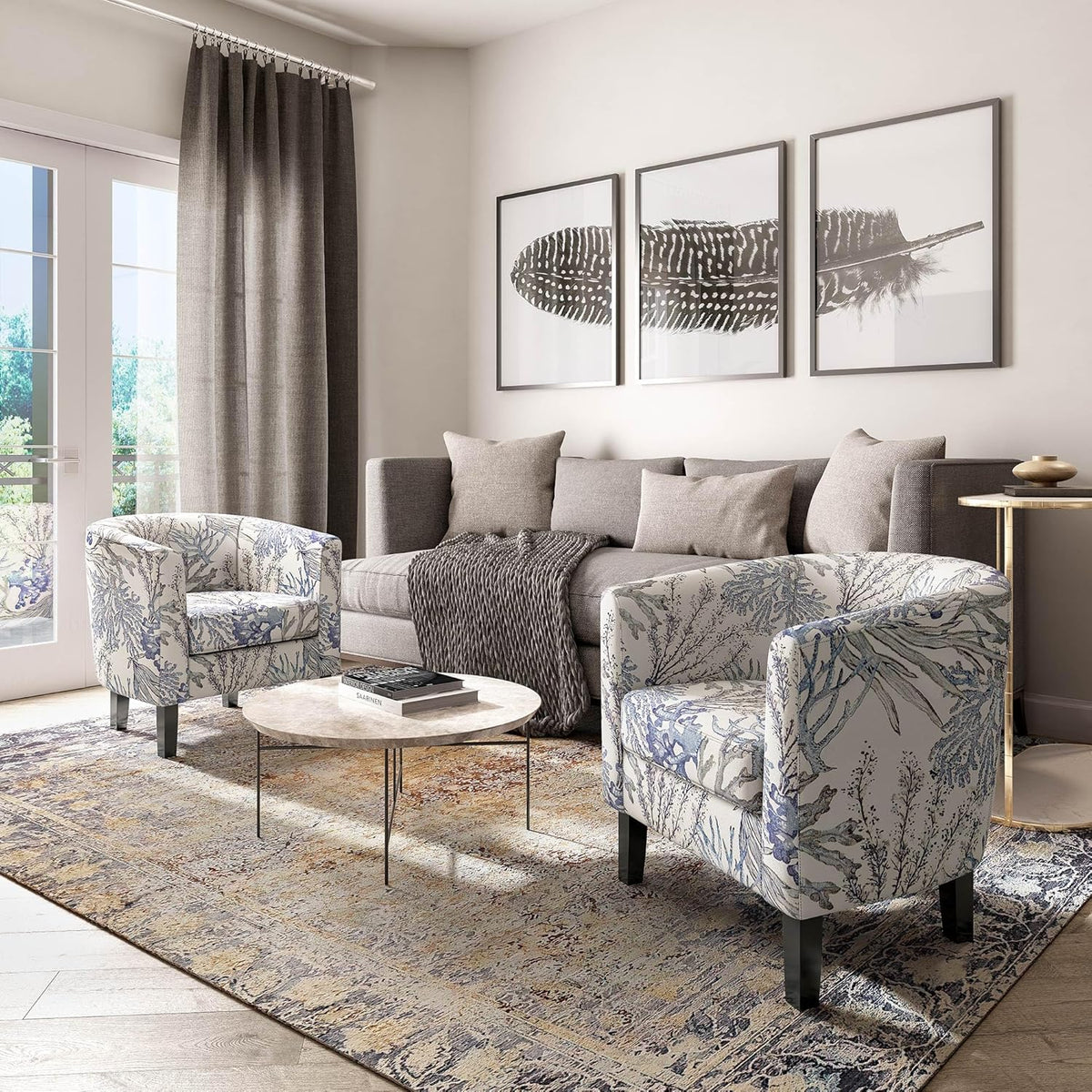 BELLEZE Living Room Chair, Linen Round Accent Barrel Chair, Club Tub Sofa Chair for Bedroom, Corner