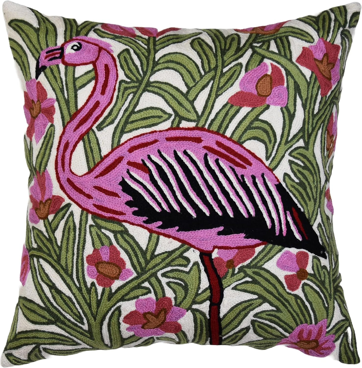 William Morris Flamingo Floral Pillow Cover - Hand Embroidered Modern Flower Pillowcase, Outdoor