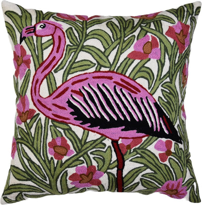 William Morris Flamingo Floral Pillow Cover - Hand Embroidered Modern Flower Pillowcase, Outdoor