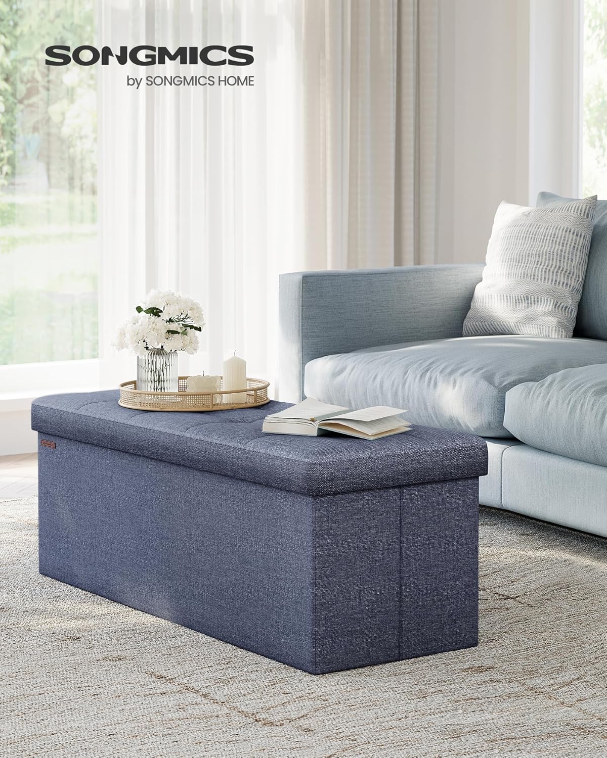 SONGMICS MAZIE Collection - 43 Inches Folding Storage Ottoman Bench, Ottoman Foot Rest, End of Bed
