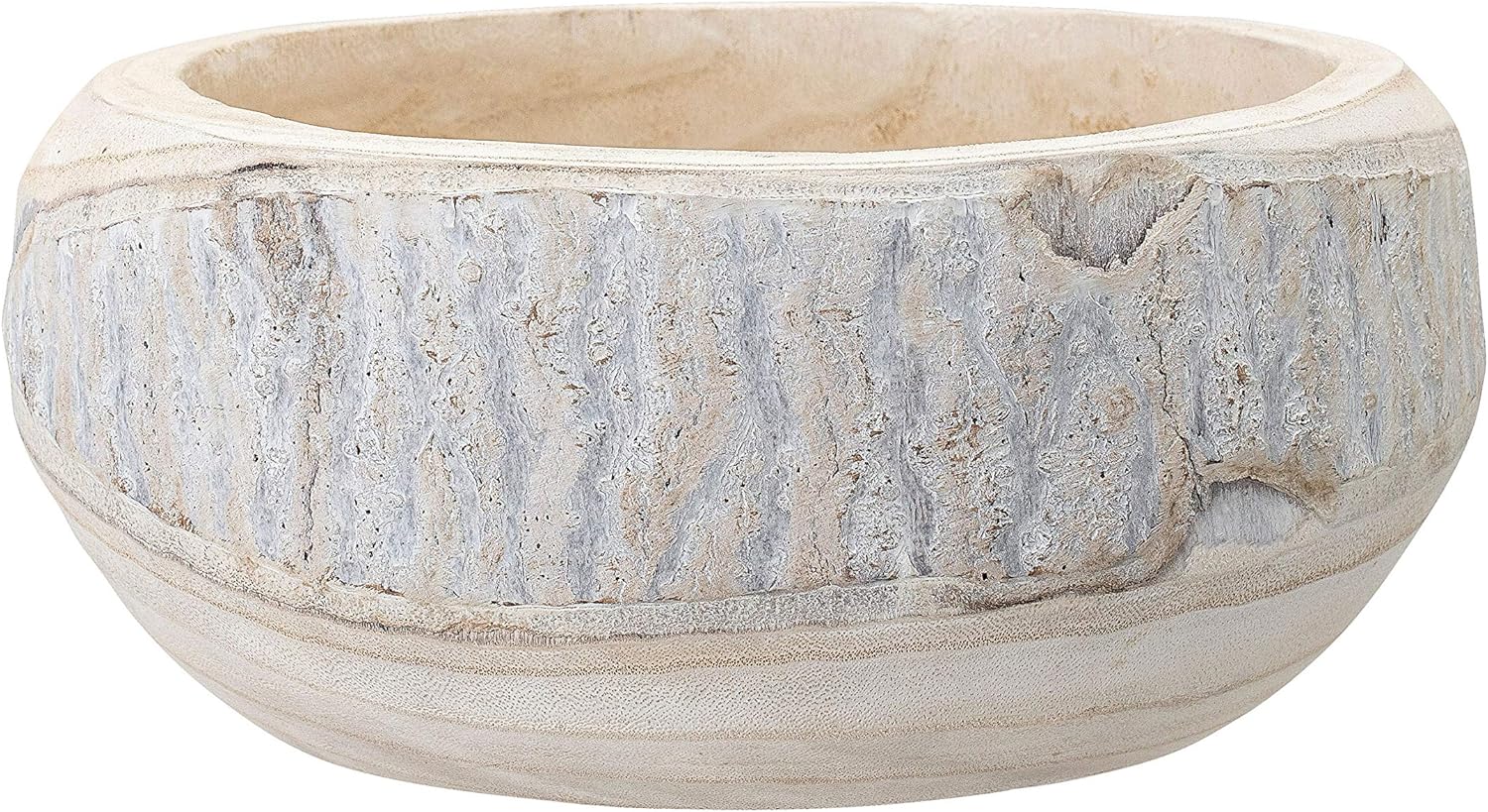 Bloomingville Decorative Hand-Carved Paulownia Wood Bowl, Whitewashed, 10.5 in Diameter, 4.25 in