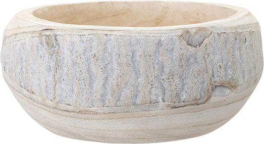 Bloomingville Decorative Hand-Carved Paulownia Wood Bowl, Whitewashed, 10.5 in Diameter, 4.25 in