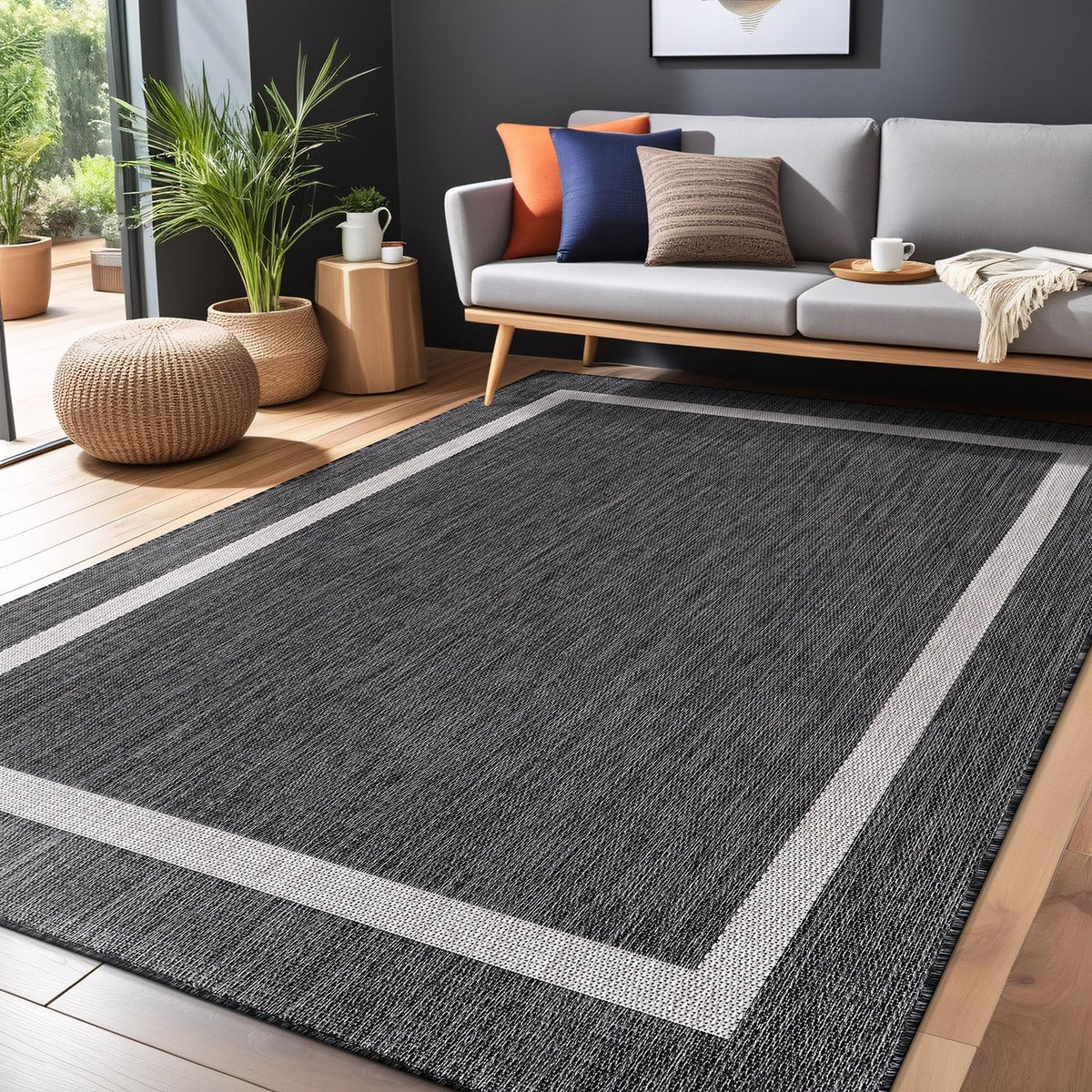 Bordered Outdoor Rug 9x12 Washable Outside Carpet for Indoor Patio Porch Waterproof Easy Cleaning