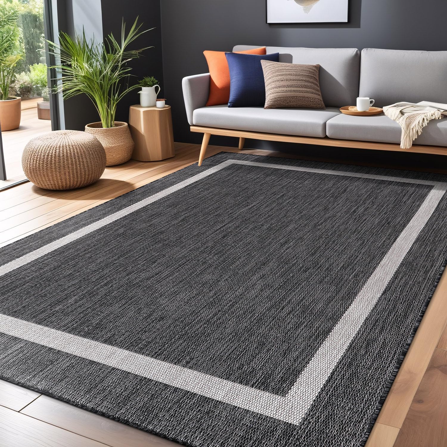 Bordered Outdoor Rug 9x12 Washable Outside Carpet for Indoor Patio Porch Waterproof Easy Cleaning