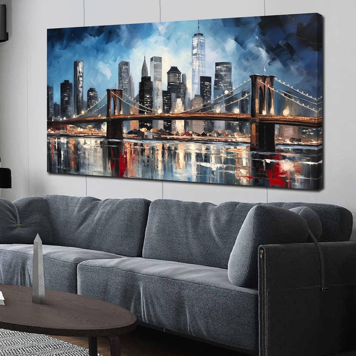 Brooklyn Bridge Wall Art for Bedroom,Modern City Large Canvas Wall Art Living Room,Blue Home Office