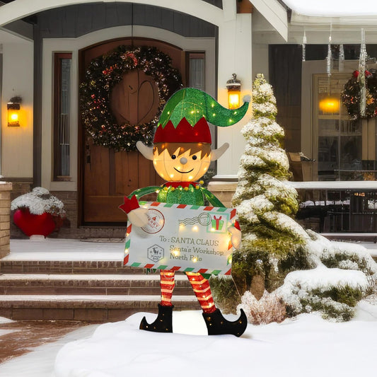 4.8FT Lighted Elf with Envelope Outdoor Christmas Decoration, 3D Pre-Lit Elf Decor with 100 LED