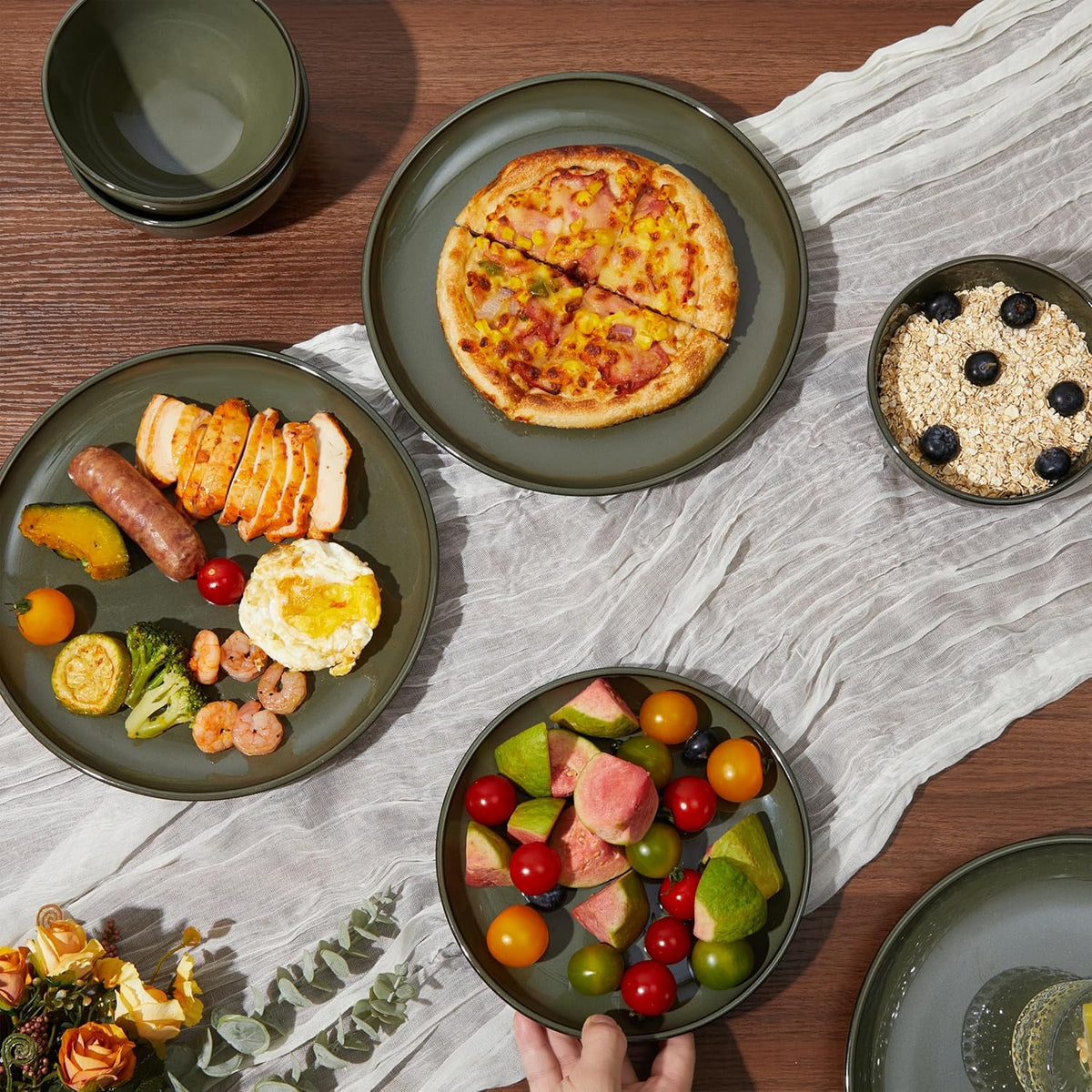 18 Piece Dinnerware Set for 6, Reactive Glaze Terracotta Plates and Bowls Set, Large Family-Sized