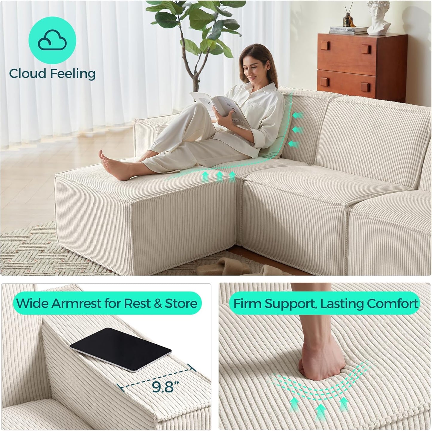 LINSY HOME Modular Sectional Sofa, 134" Boneless Couch L Shaped 4-Seat Sofa with Movable Ottoman