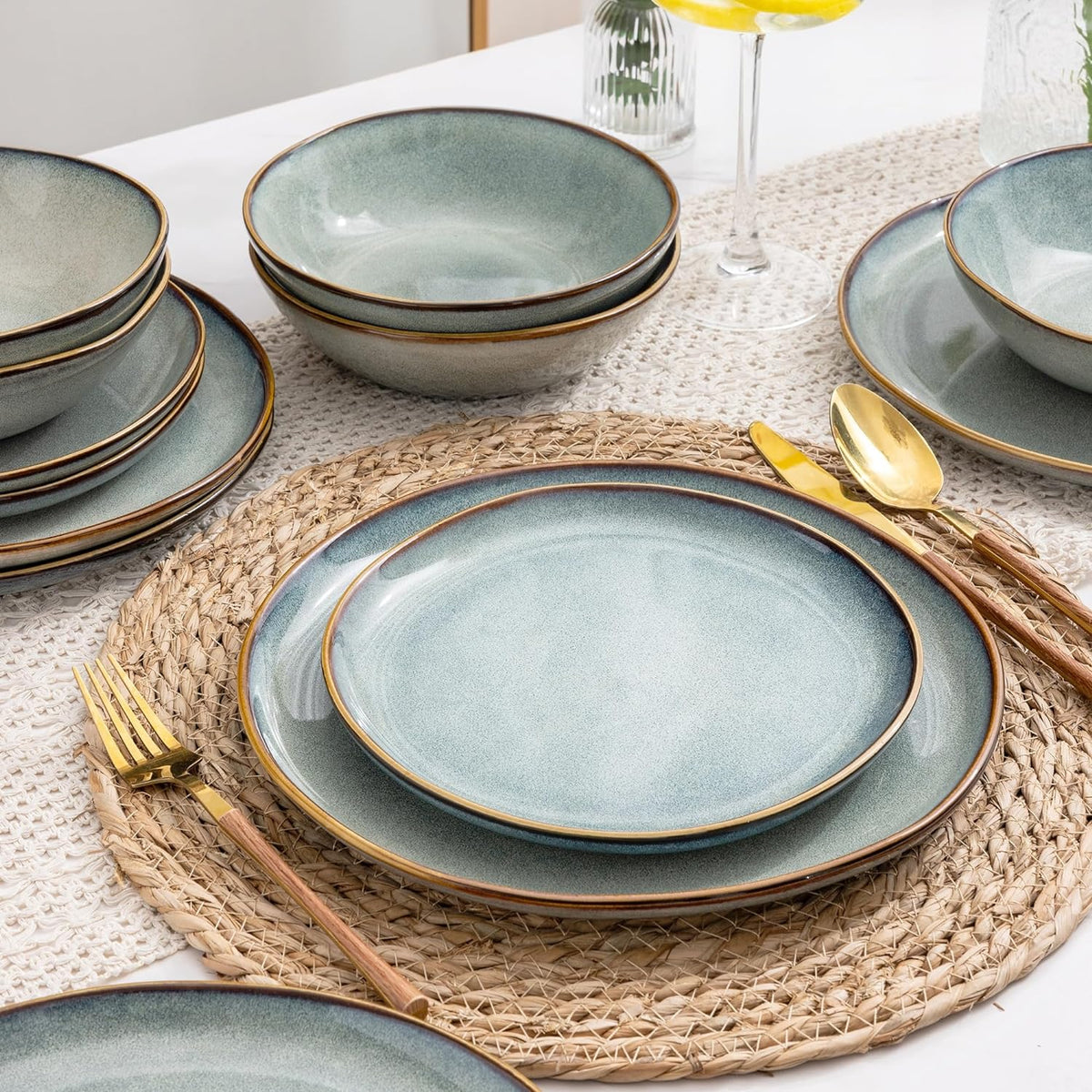 AmorArc Ceramic Dinnerware Sets,Handmade Reactive Glaze Stoneware Plates and Bowls Sets,Highly