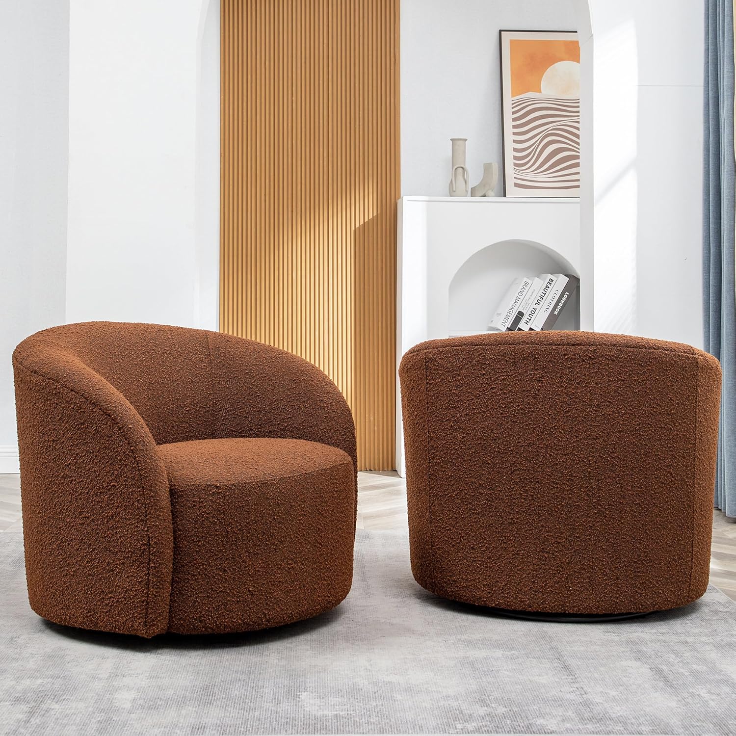 KINWELL 34" W Swivel Barrel Chair Set of 2, Mid Century Modern Round Upholstered Boucle Swivel