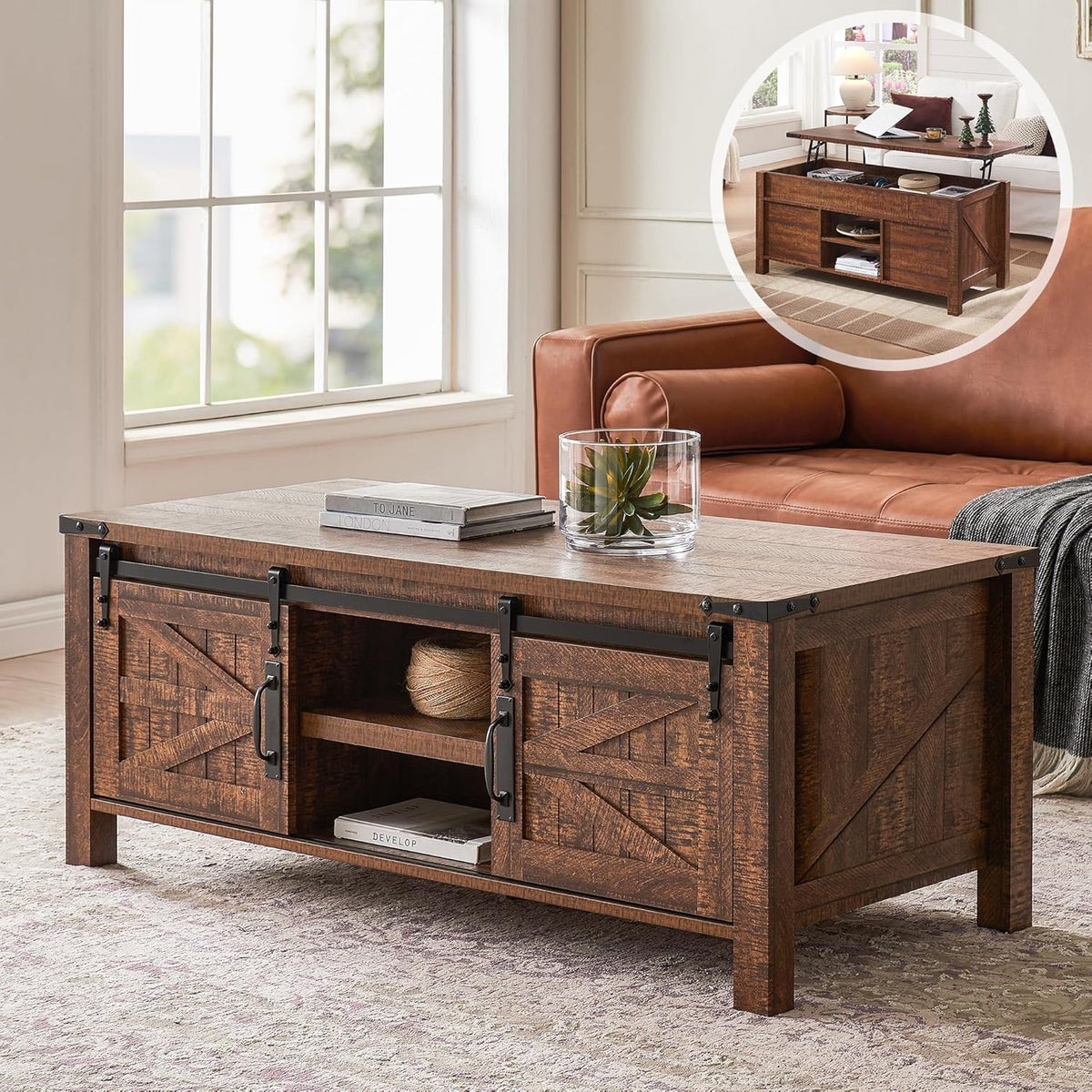 OKD 48" Farmhouse Lift Top Coffee Table with Sliding Barn Door,Rustic Center Table with Hidden