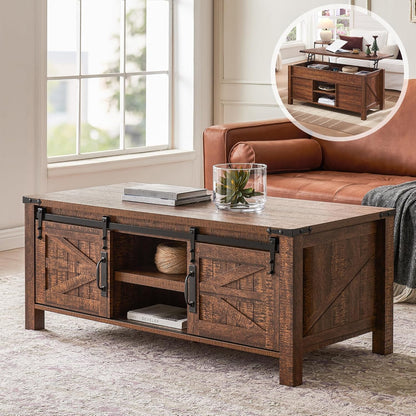 OKD 48" Farmhouse Lift Top Coffee Table with Sliding Barn Door,Rustic Center Table with Hidden