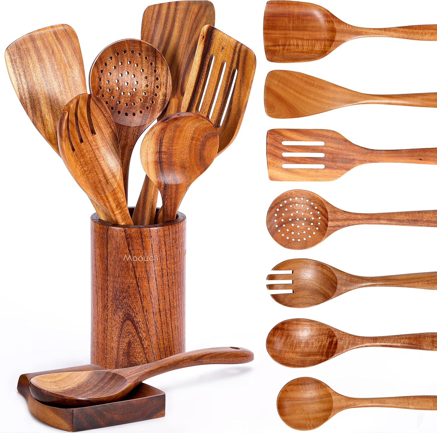 9 Piece Natural Teak Wooden Kitchen Utensil Set with Spoon Rest - Comfort Grip Cooking Spoons and