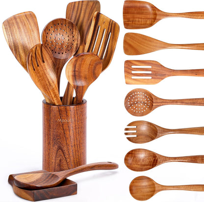 9 Piece Natural Teak Wooden Kitchen Utensil Set with Spoon Rest - Comfort Grip Cooking Spoons and