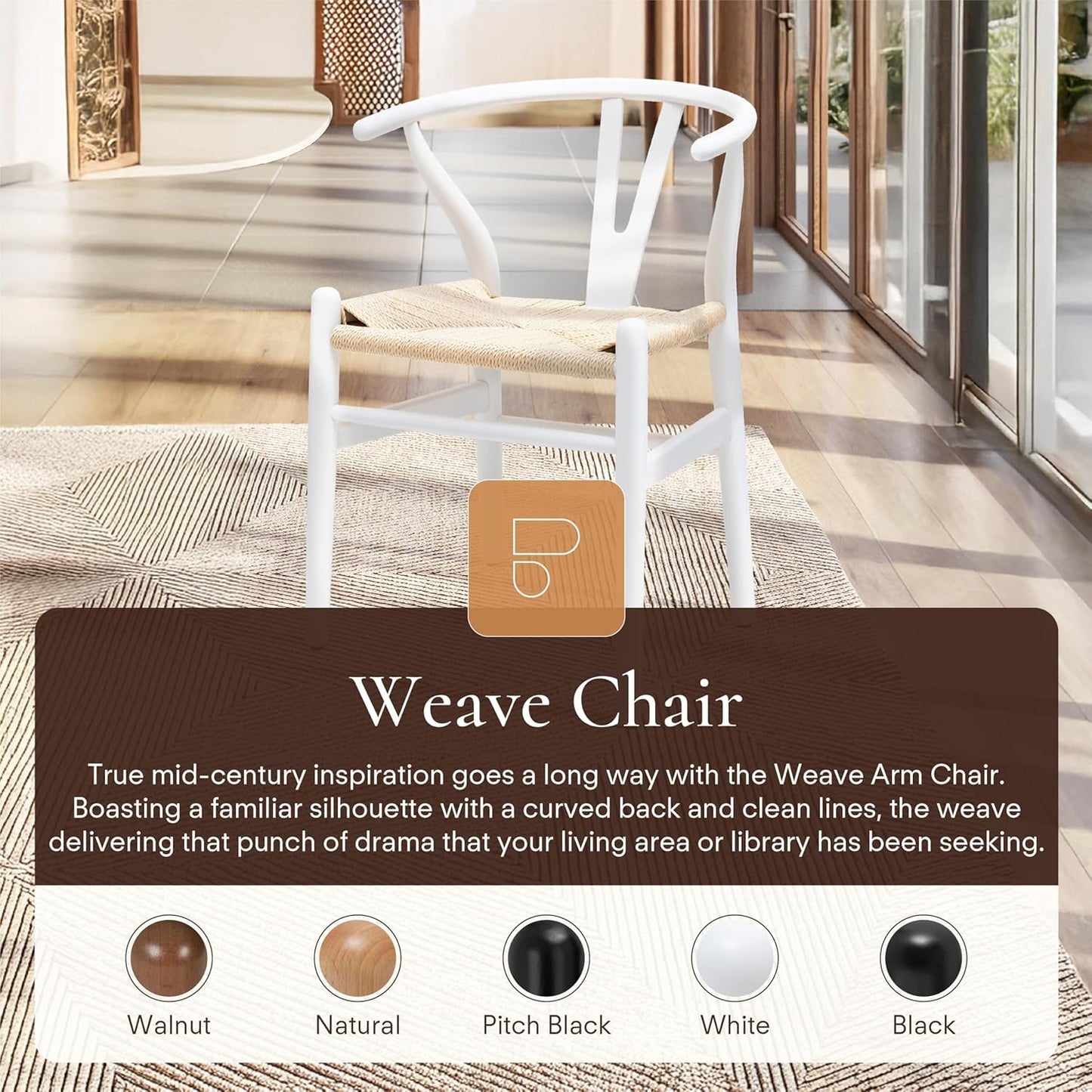 POLY & BARK Weave Dining Chair – Mid-Century Modern Wishbone Dining Chair with Arms, Solid Wood