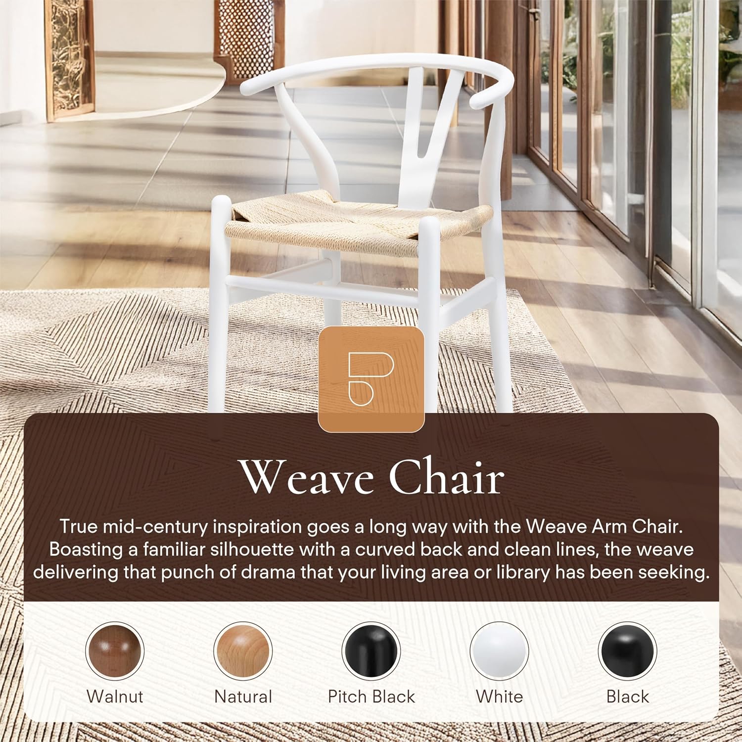 POLY & BARK Weave Dining Chair – Mid-Century Modern Wishbone Dining Chair with Arms, Solid Wood