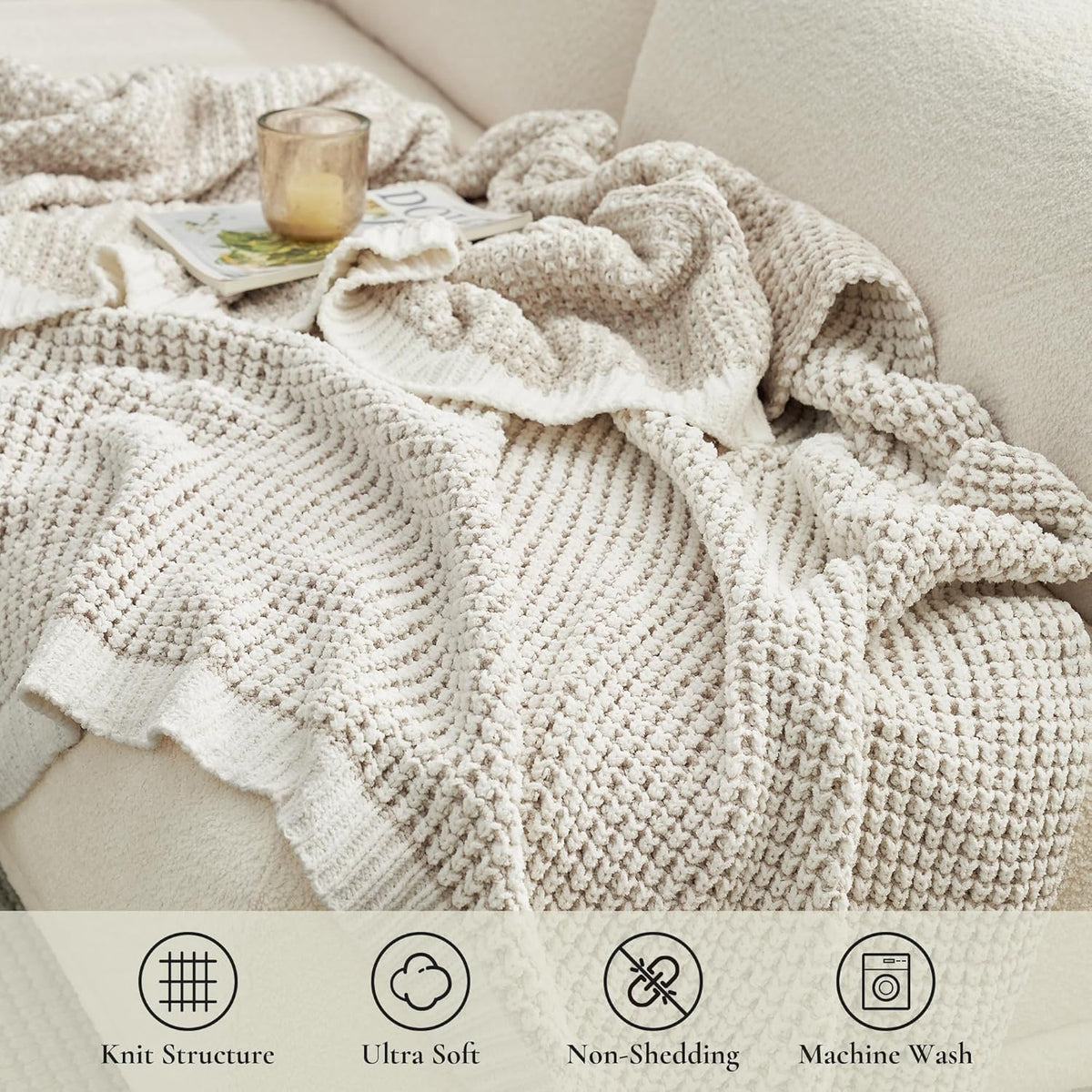 Amélie Home Chenille Waffle Throw Blanket for Couch, Reversible Pineapple Stitch Knit Soft Cozy