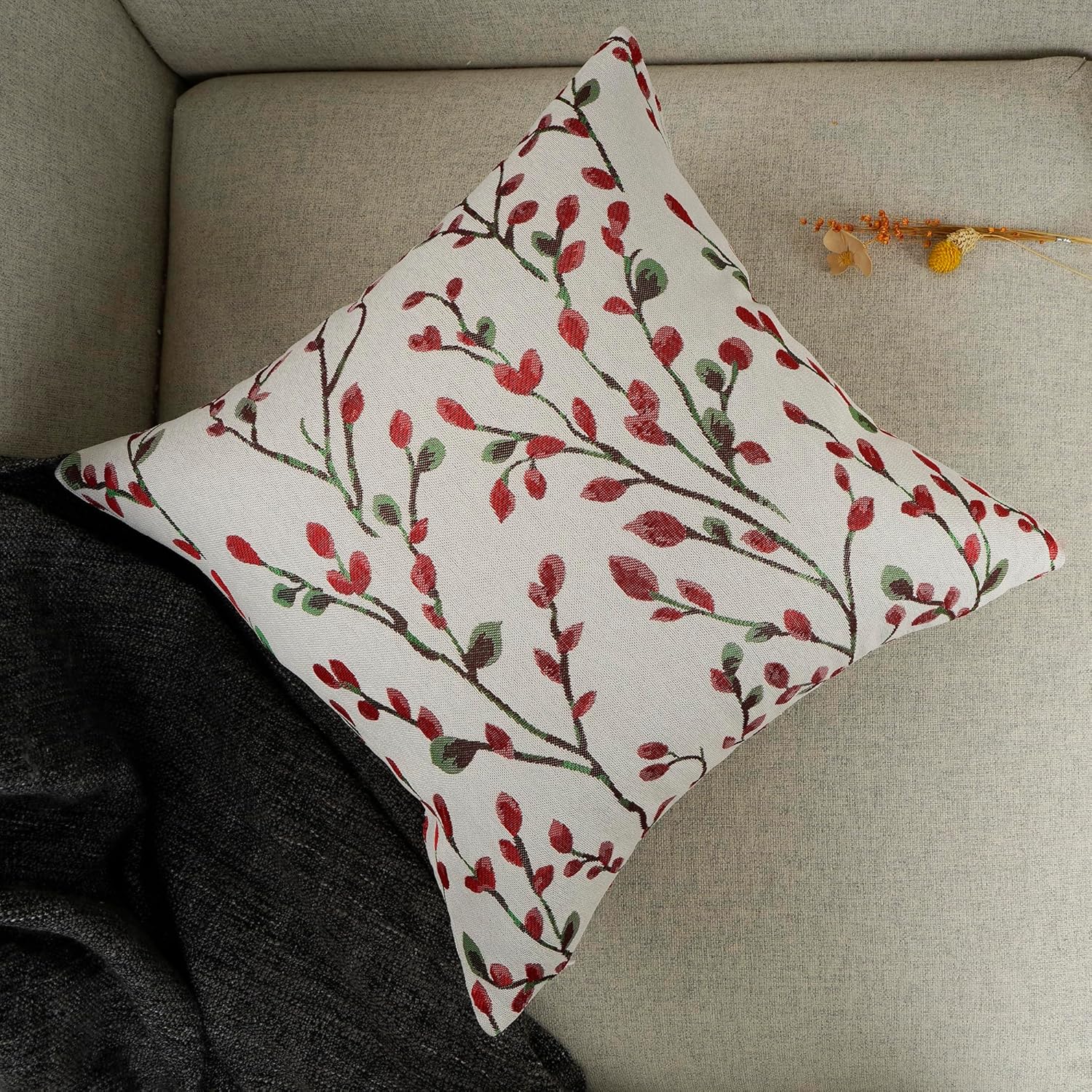 YOUR SMILE Christmas Red Classical Embroidery Jacquard Teal Leaf Pattern Square Decorative Throw