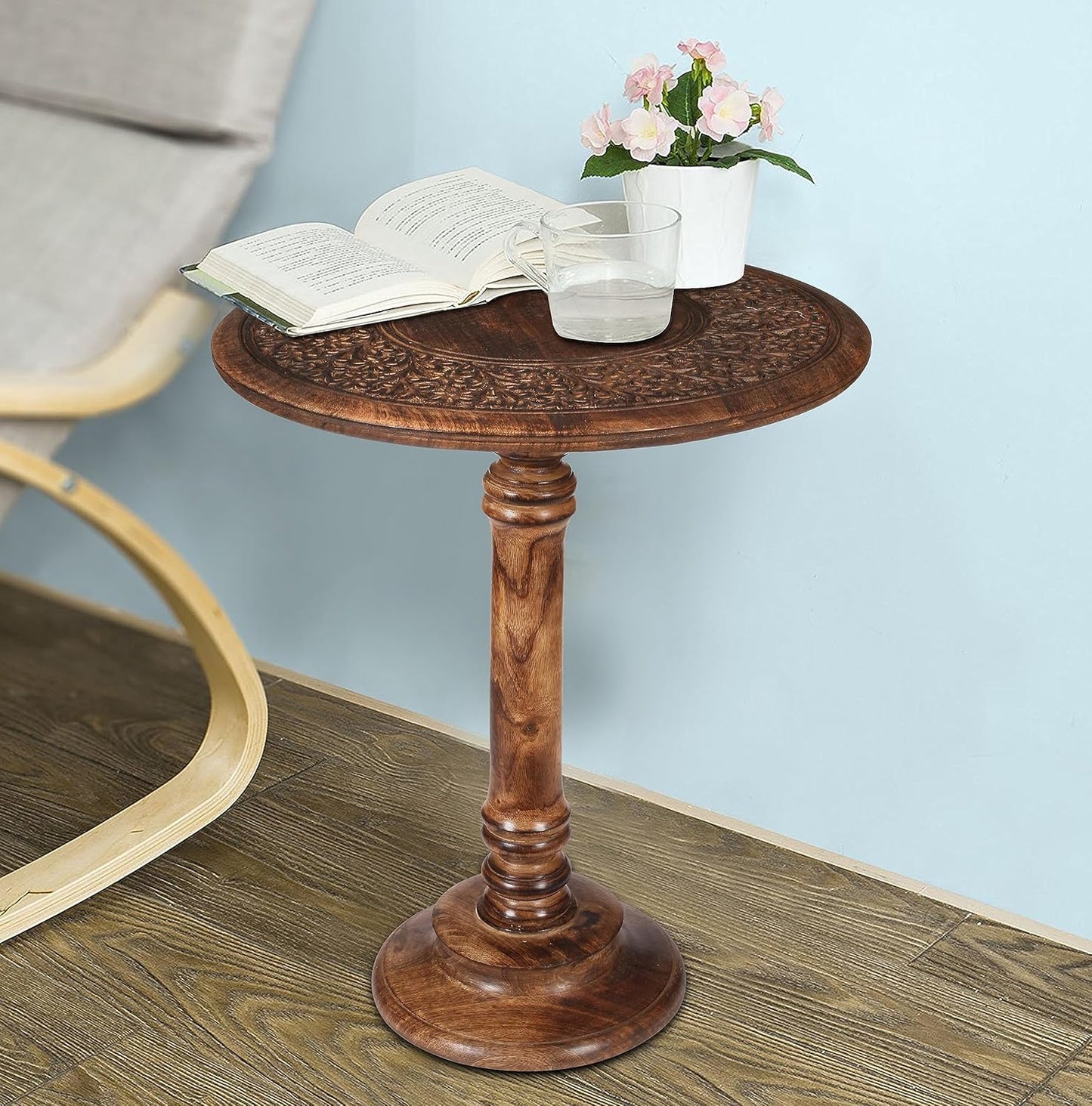Lightnpro Hand Carved Solid Mango Wood Round Pillar Accent Table - 18" × 22" Rustic Farmhouse Side