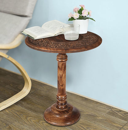 Lightnpro Hand Carved Solid Mango Wood Round Pillar Accent Table - 18" × 22" Rustic Farmhouse Side