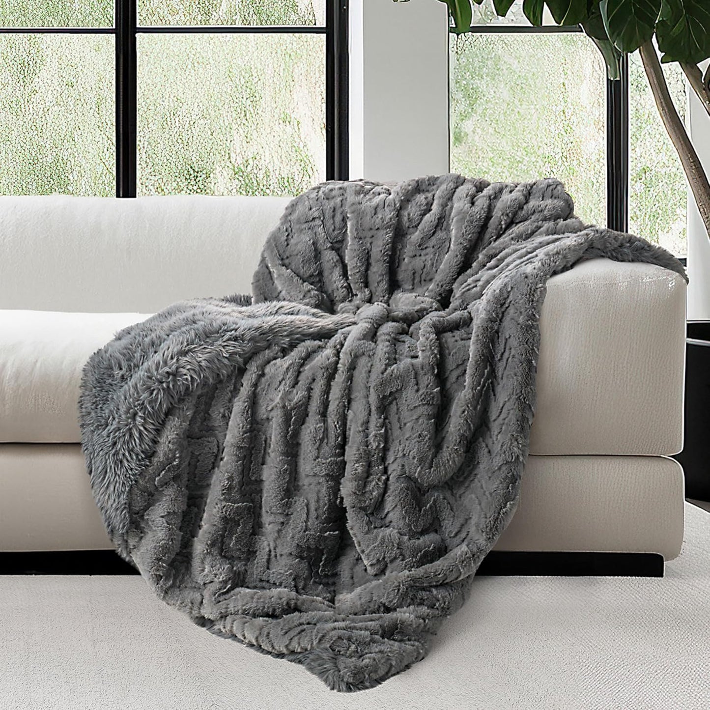 Mon Chateau Grey 3D Jacquard Faux Fur Throw, Plush Luxury Blanket for Couch, Sofa, or Bed, Soft