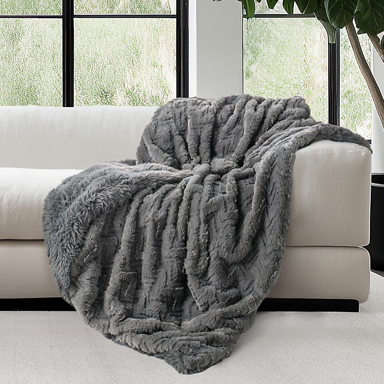 Mon Chateau Grey 3D Jacquard Faux Fur Throw, Plush Luxury Blanket for Couch, Sofa, or Bed, Soft