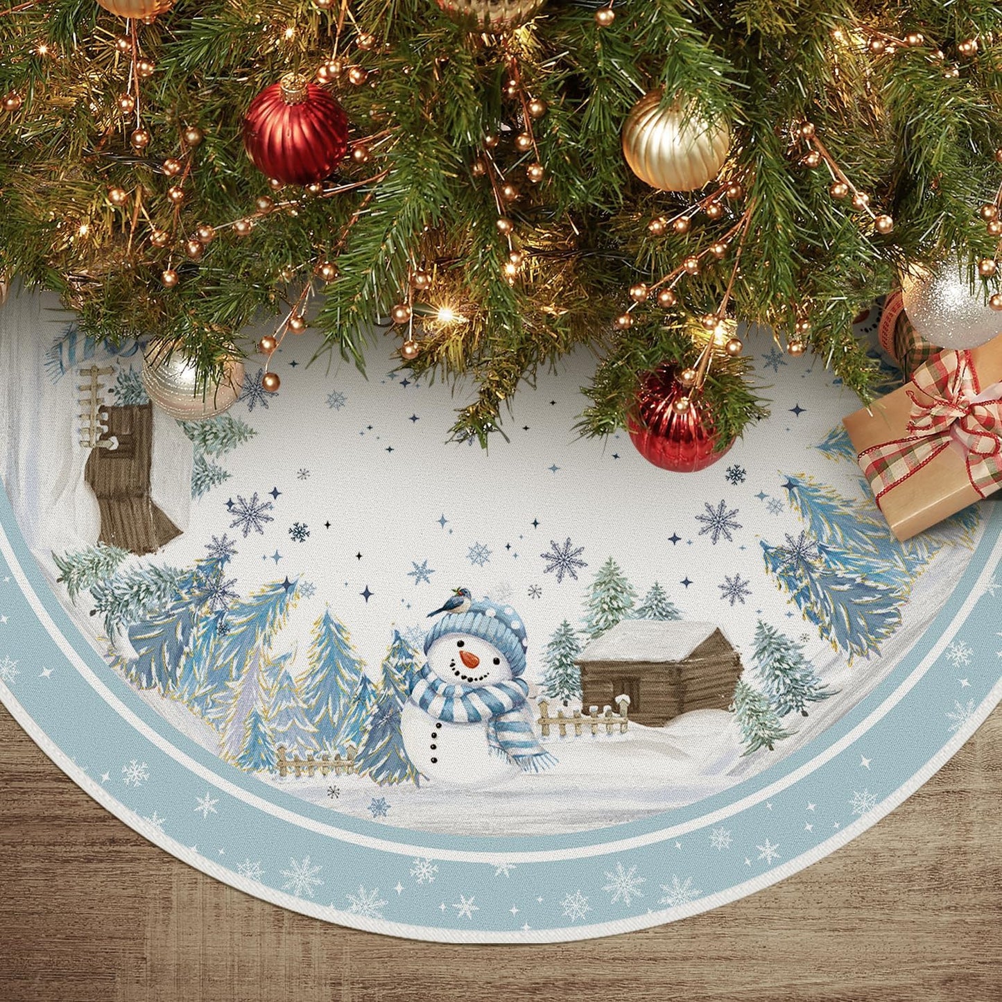AVOIN colorlife Snowflake Snowman Cardinal Christmas Tree Skirt 48 Inch, Winter Holiday Tree Mat