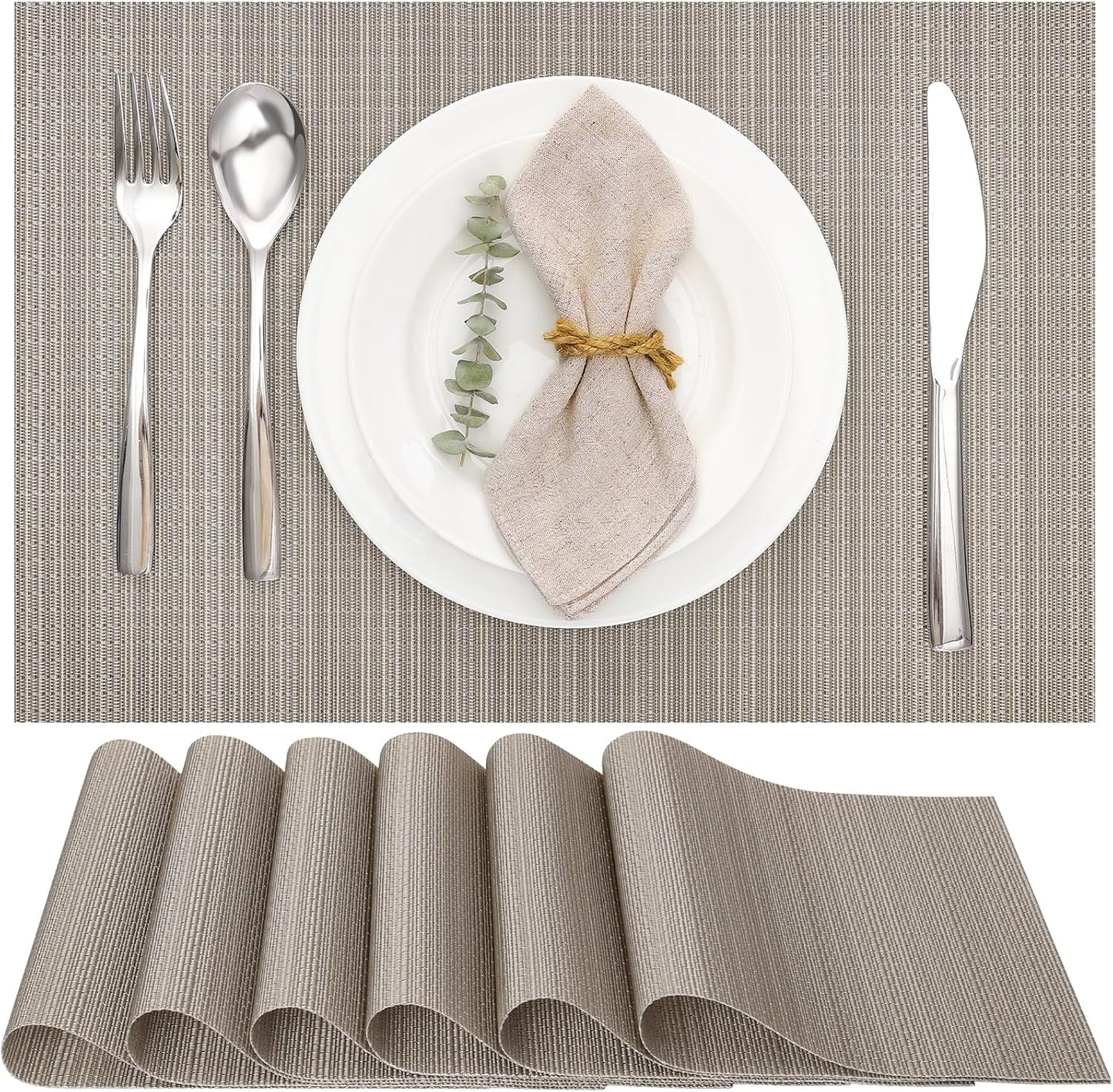 Myir JUN Placemats Set of 6, Vinyl Woven Placemats Place Mats Indoor Washable Table Mats Non-Slip