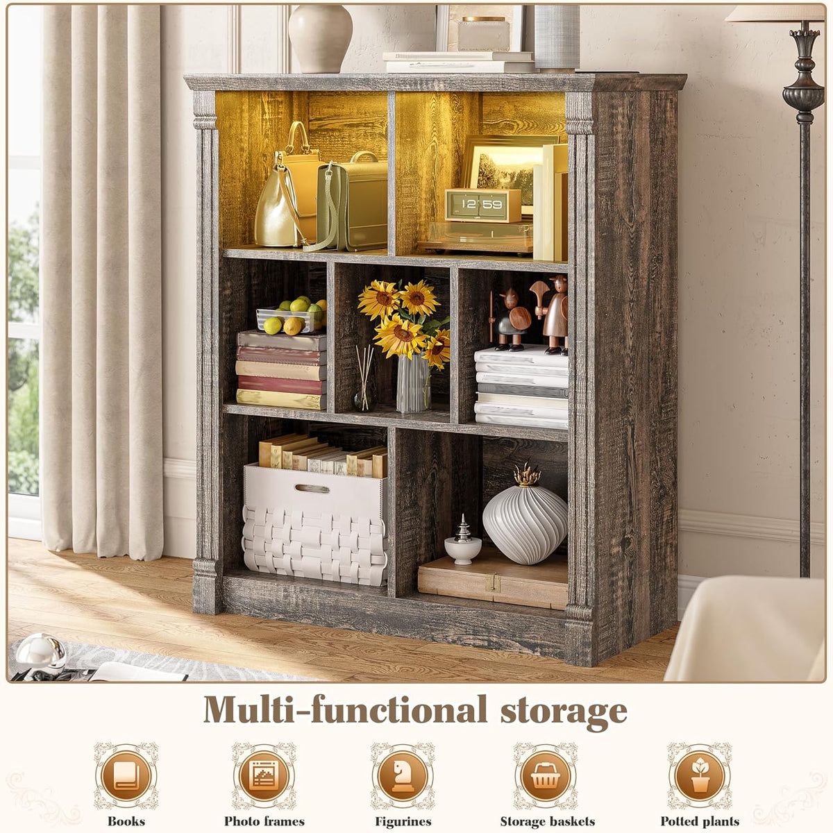 EnHomee 7 Cube Bookshelf Cubby Storage Organizer with LED Lights and Charging Station, Wood Shelf