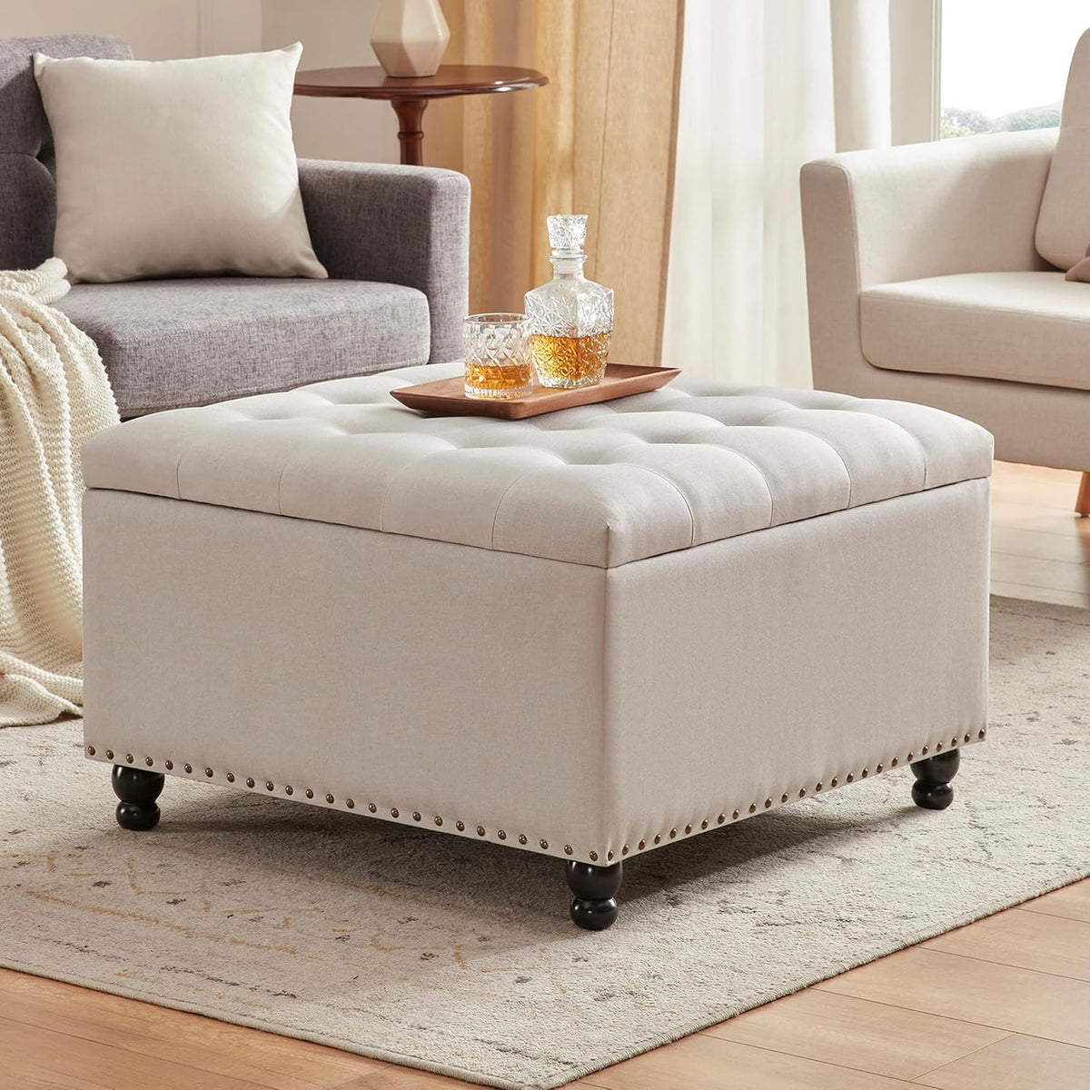 Tbfit Large Square Storage Ottoman Bench, Botton Tufted Upholstered Coffee Table with Wooden Legs