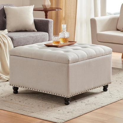 Tbfit Large Square Storage Ottoman Bench, Botton Tufted Upholstered Coffee Table with Wooden Legs