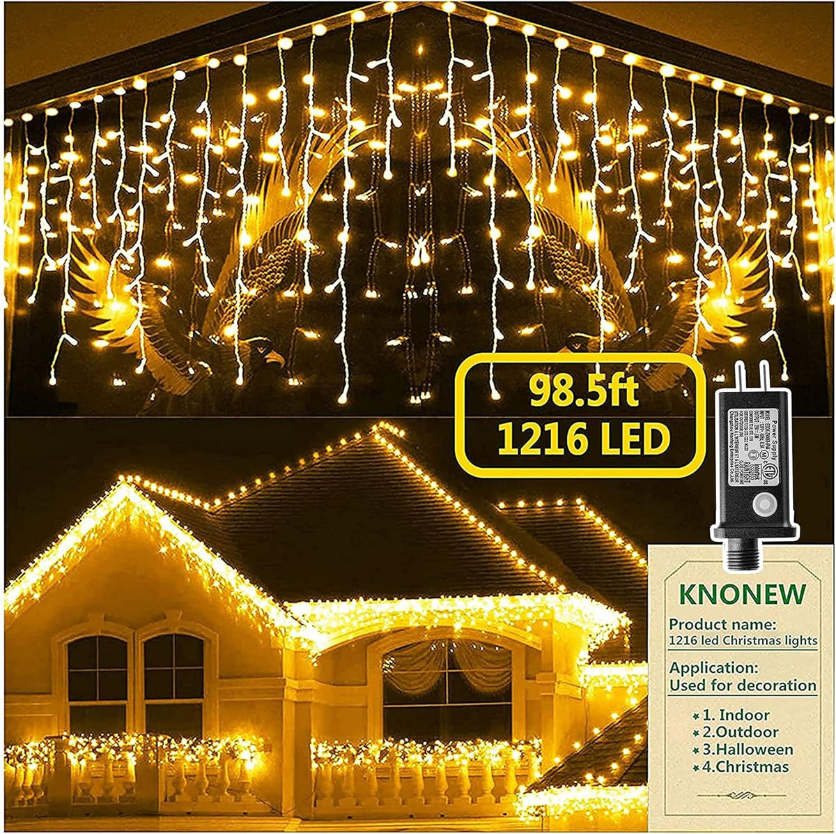 KNONEW 99ft 1216 LED Christmas Lights Outdoor Decorations with 228 Drops, 8 Modes Curtain Fairy