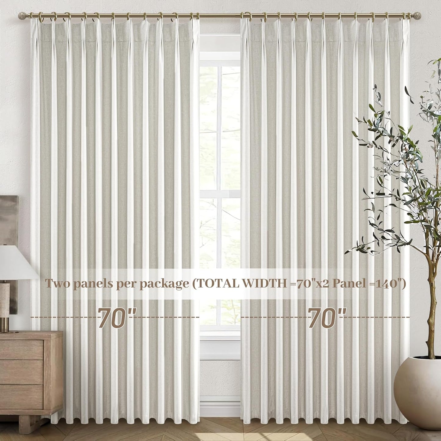 Blackout Curtains 70 Inches Wide Pinch Pleated for Bedroom Window, Viral Linen 70 Inch Extra Wide