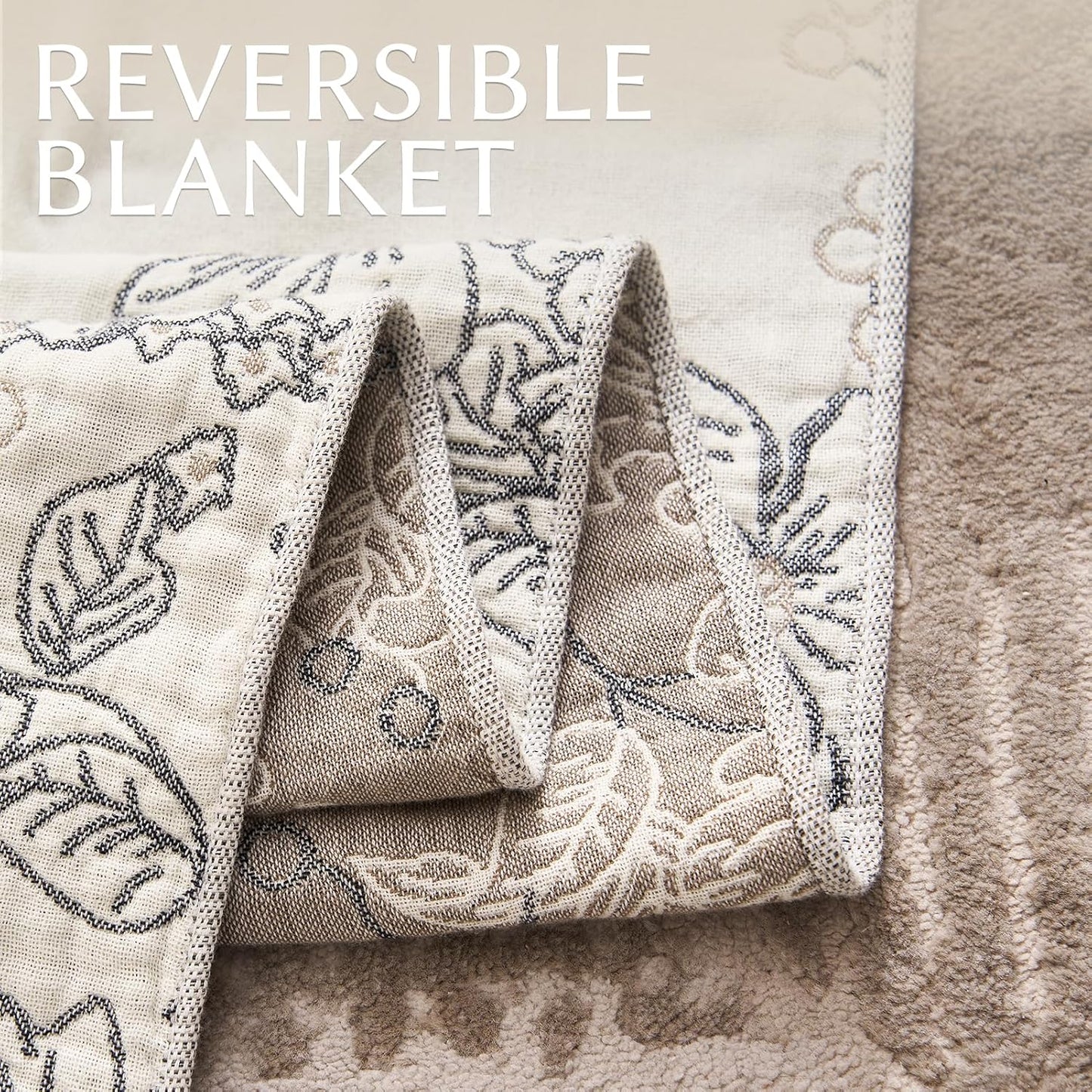 jinchan Boho Floral 100% Cotton Blanket 4-Layer Throw Blanket with Tassel Grey and White Flower