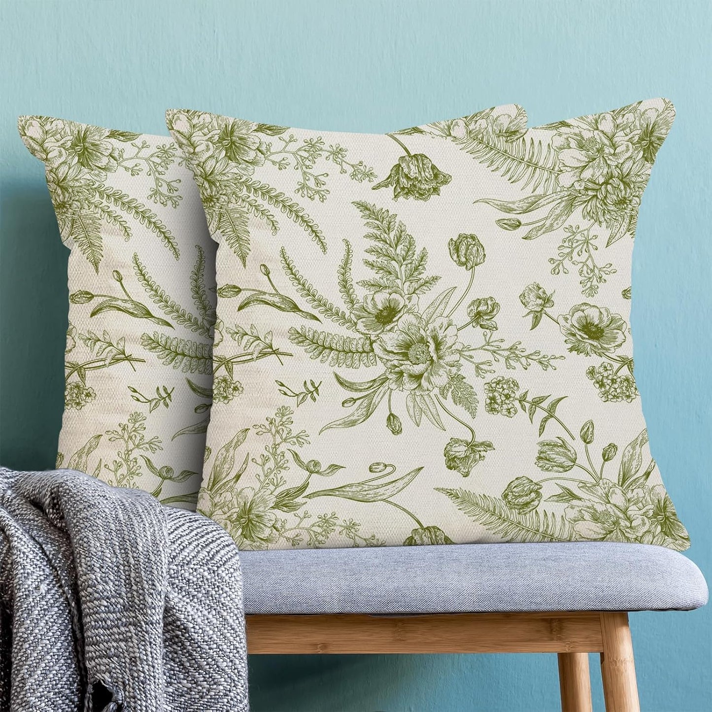 CXMEIFLY Sage Green Spring Pillow Covers 16 x 16 Inch Set of 2 for Chinoiserie Flowers Decor Throw