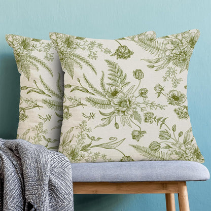 CXMEIFLY Sage Green Floral Leaves Chinoiserie Decorative Throw Pillow Covers Set of 2, 18x18 Inch